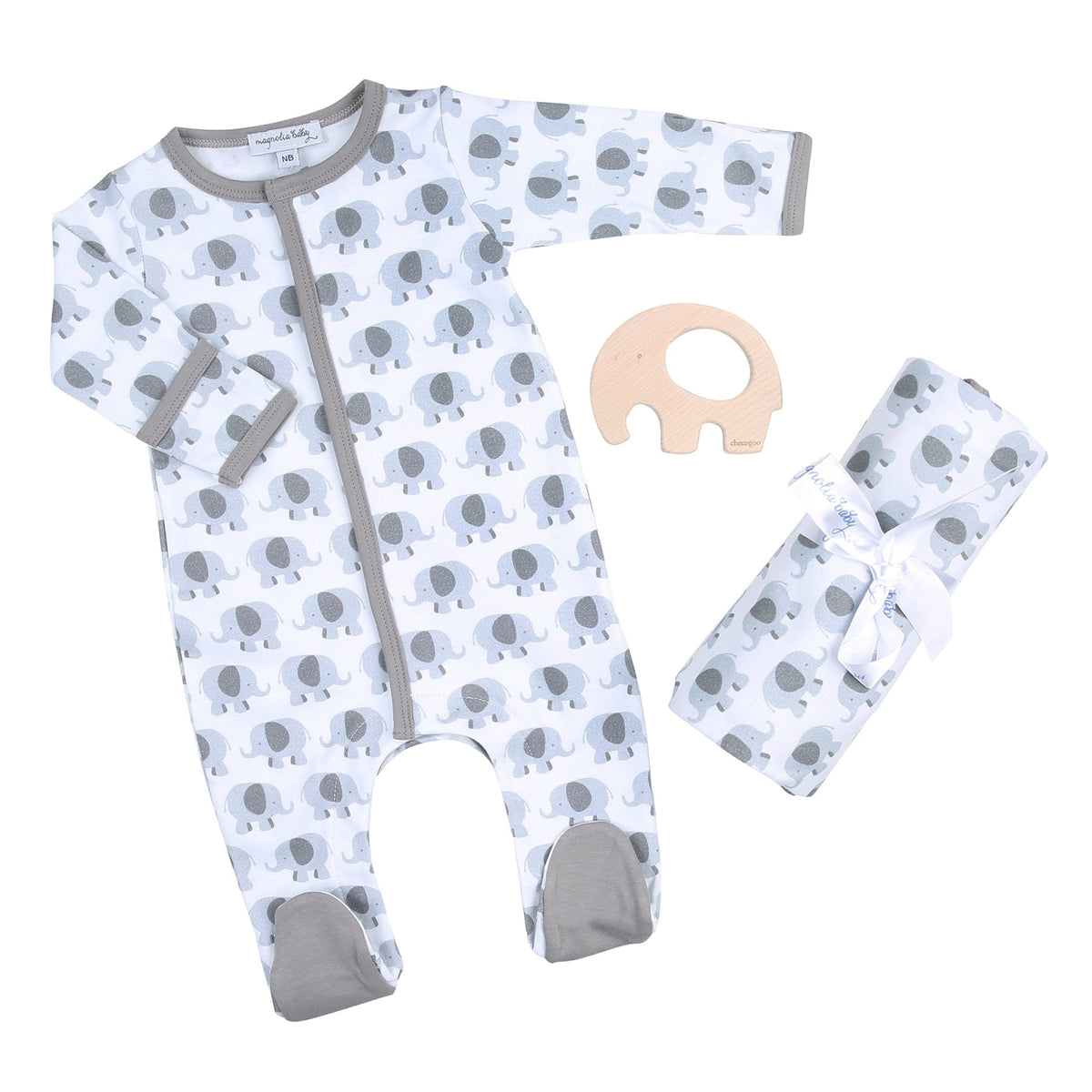Grey Elephant Gift Set - Footie + Blanket + Teether - Magnolia BabyGift Set