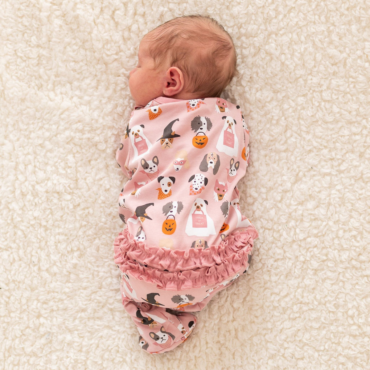 Halloween Hounds Ruffle Zip Footie - Dusty Rose - Magnolia BabyFootie