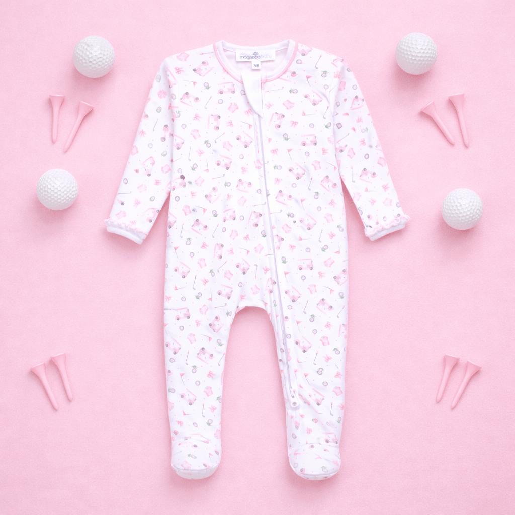 Little Golfer Print Ruffle Zip Footie - Pink - Magnolia BabyFootie