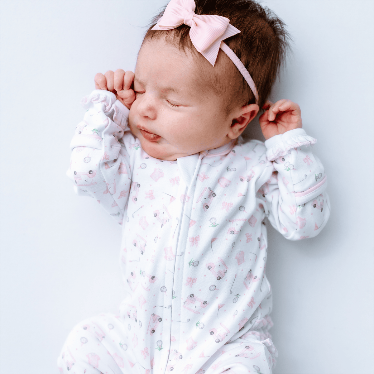 Little Golfer Print Ruffle Zip Footie - Pink - Magnolia BabyFootie