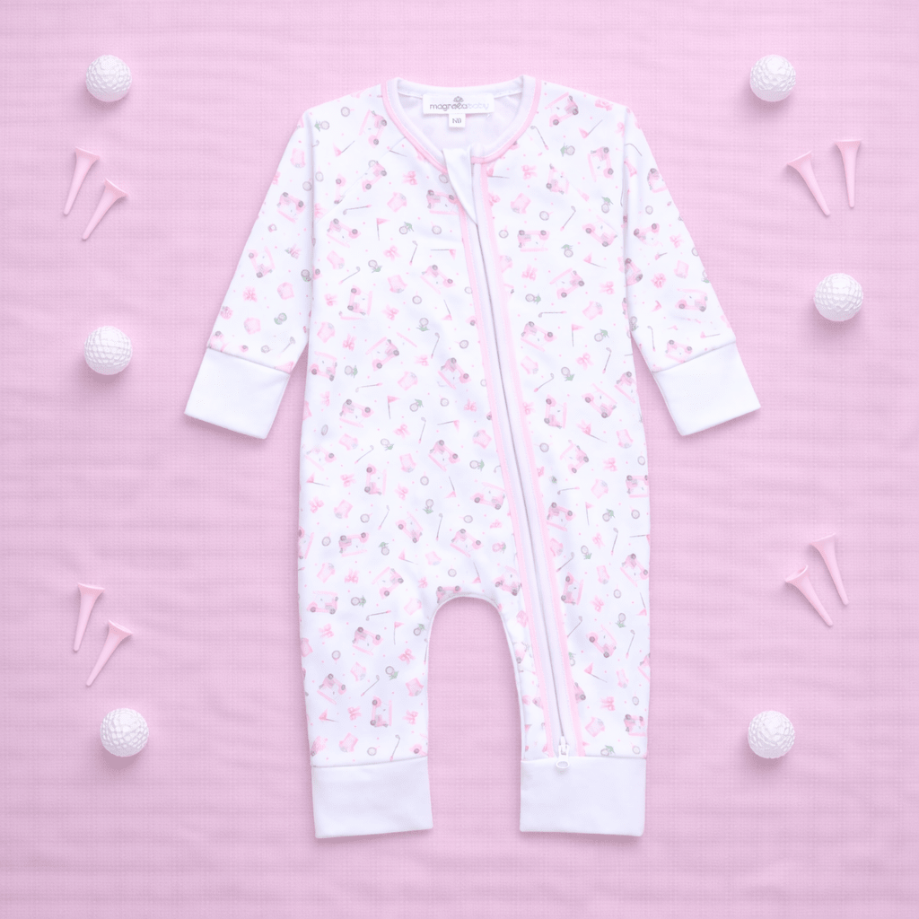 Little Golfer Print Zip Playsuit - Pink - Magnolia BabyPlaysuit