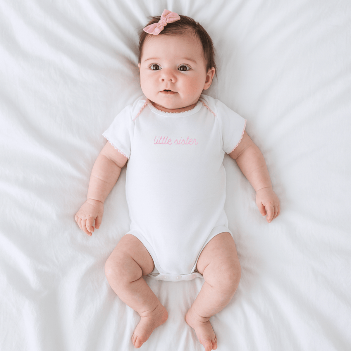 Little Sister Embroidered Short Sleeve Bodysuit - Magnolia BabyBodysuit