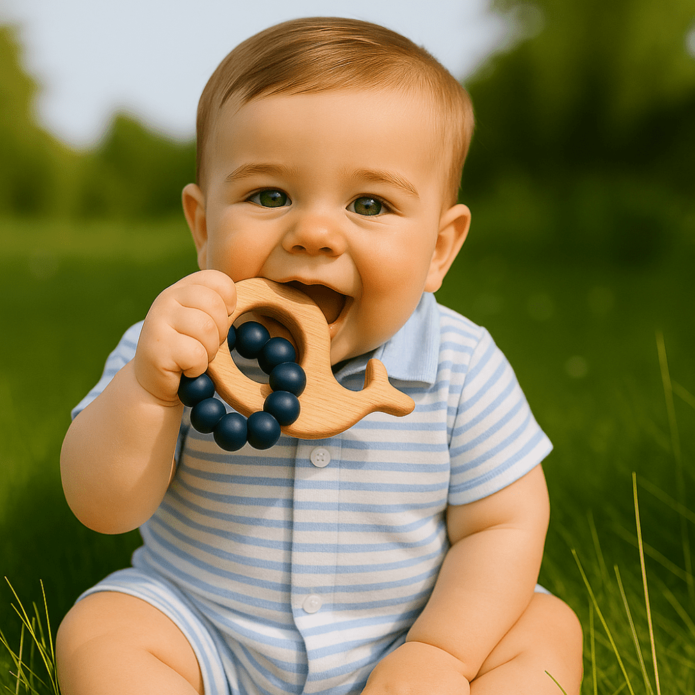 Navy Blue Whale Silicone & Beechwood Teether - Baby Gift - Magnolia BabyTeether