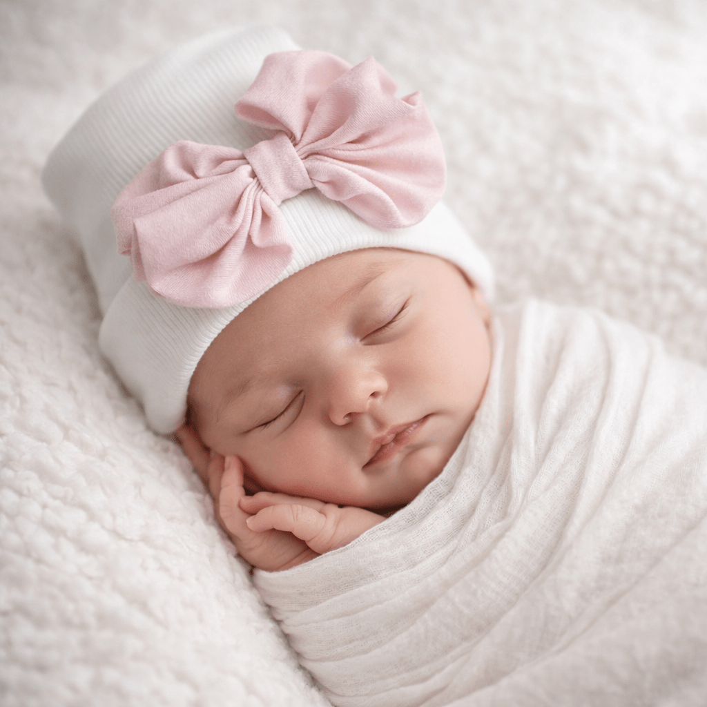 Newborn Hat - White with Pink bow - Magnolia BabyHat