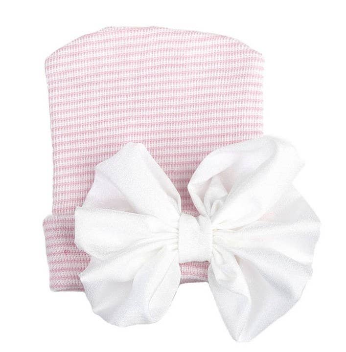 Newborn Hospital Hat - Pink with White bow - Magnolia BabyHat