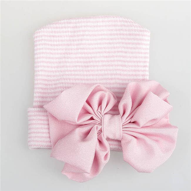 Newborn Pink Striped Hat with Pink bow - Magnolia BabyHat