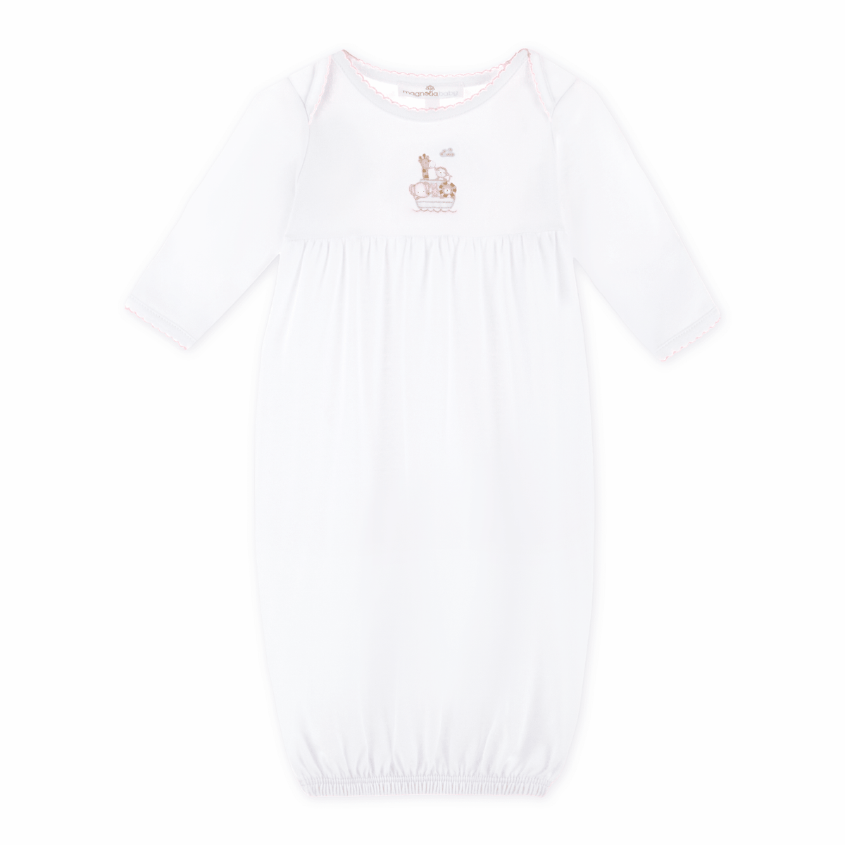 Noah's Ark Hand - Embroidered Gathered Gown - Pink - Magnolia BabyGown
