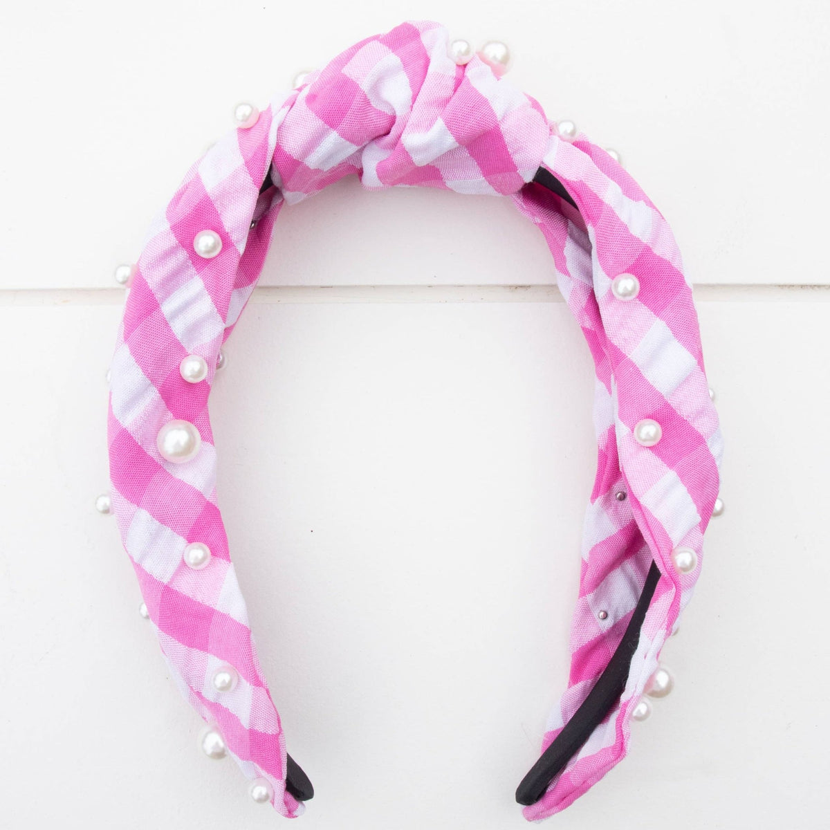 Pink Gingham Pearl Headband - Magnolia BabyHeadband