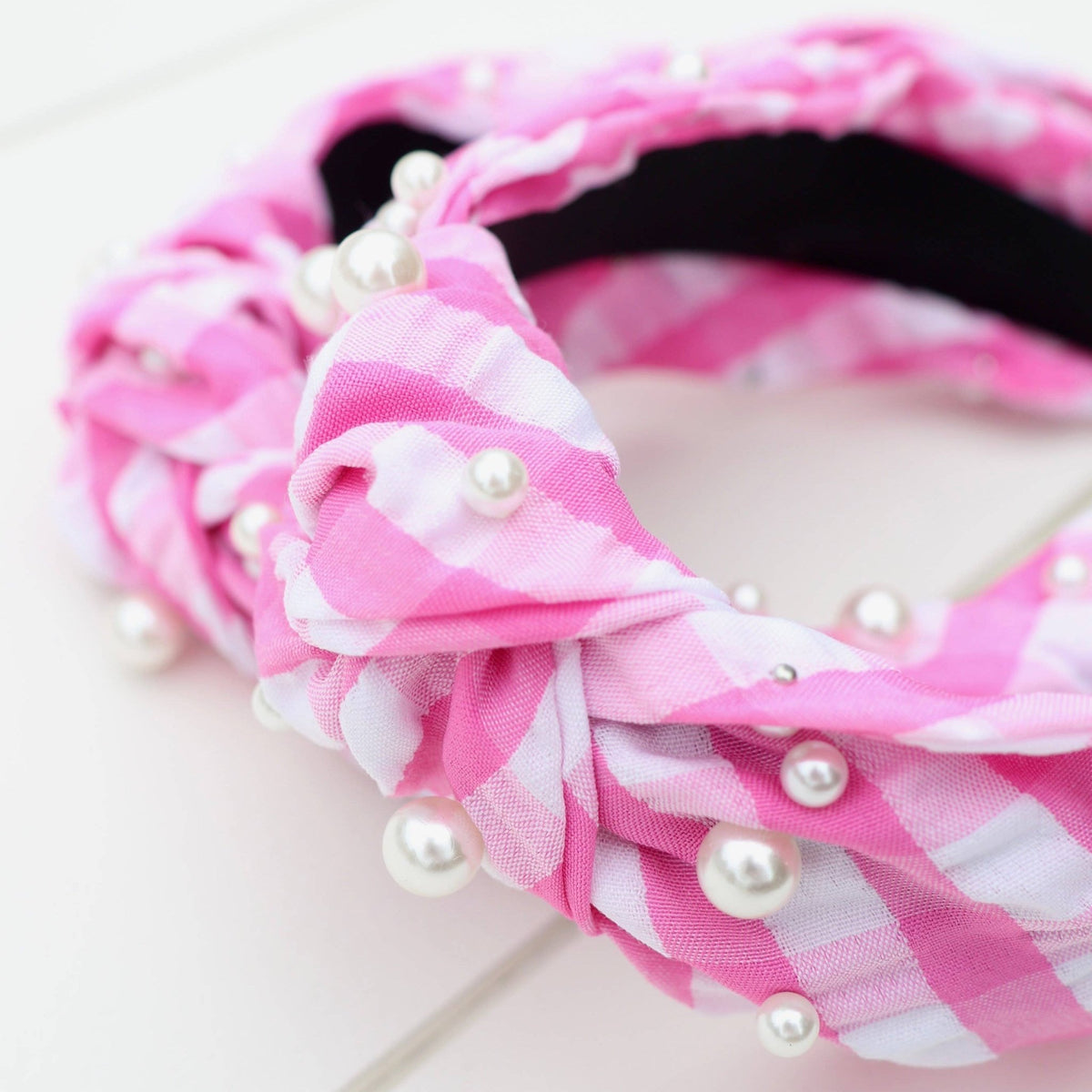 Pink Gingham Pearl Headband - Magnolia BabyHeadband