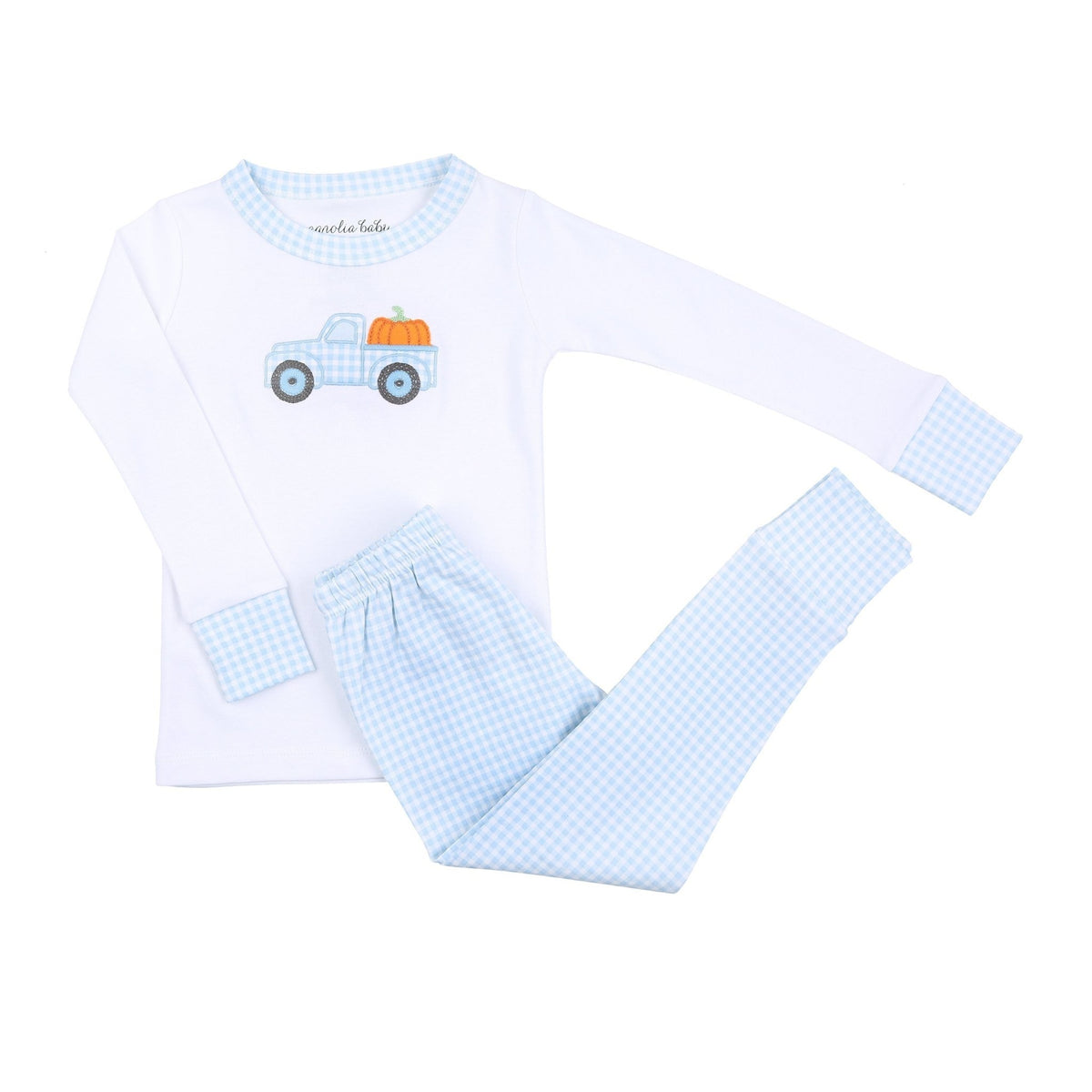 Pumpkin Picking Applique Long Pajamas - Blue - Magnolia BabyLong Pajamas