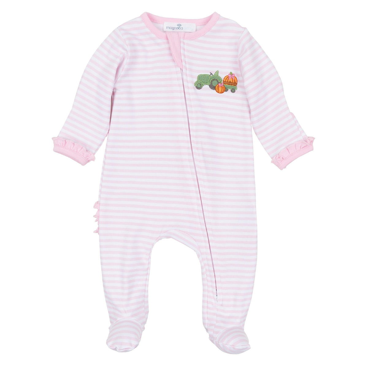 Magnolia Baby_Pumpkin Tractor Applique Ruffle Zip Footie - Pink_1
