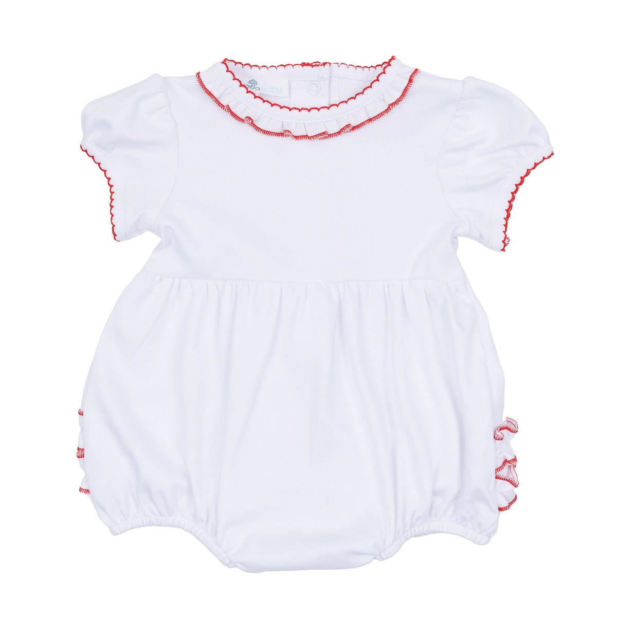 white pima ruffle bubble with red trim 