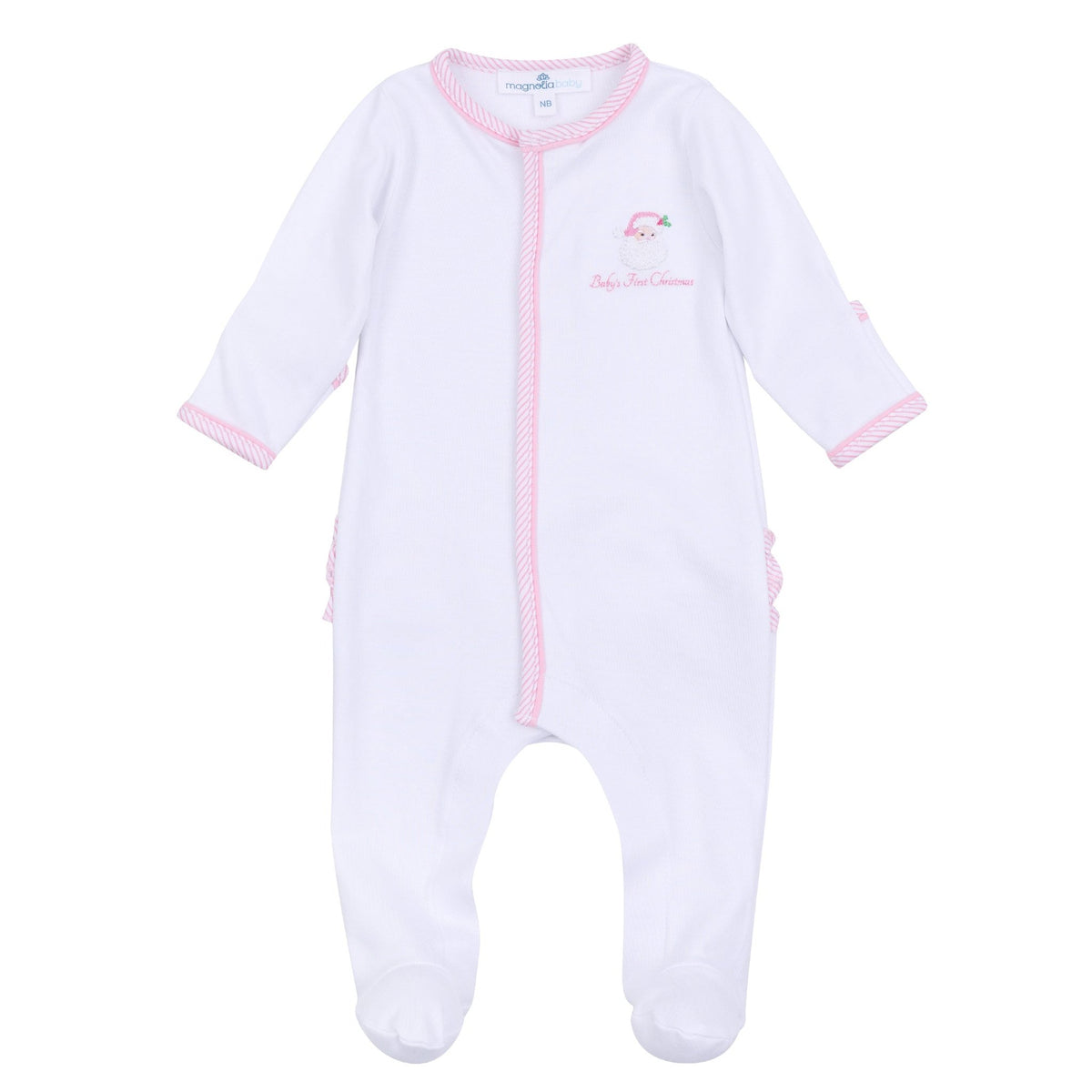Santa Baby Embroidered Baby's First Christmas Ruffle Footie - Pink - Magnolia BabyFootie