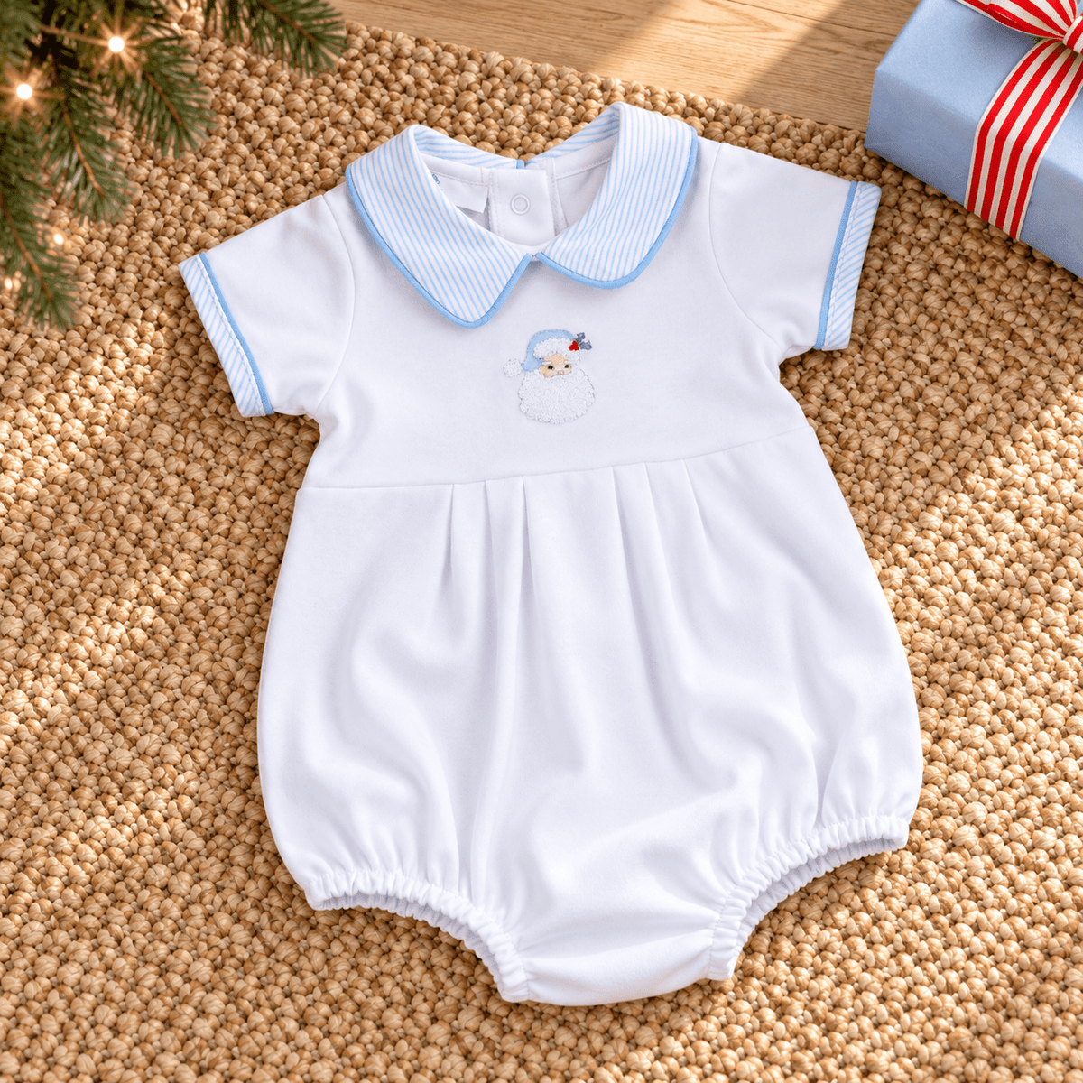 Magnolia Baby_Santa Baby Hand-Embroidered Collared Short Sleeve Bubble - Light Blue_3