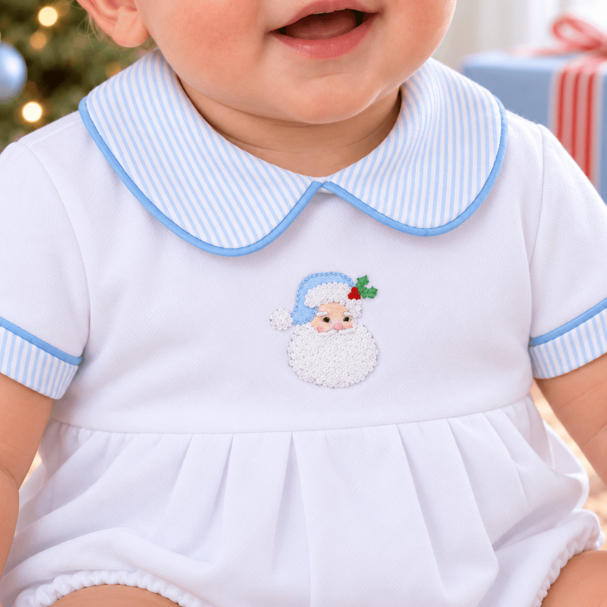 Magnolia Baby_Santa Baby Hand-Embroidered Collared Short Sleeve Bubble - Light Blue_2