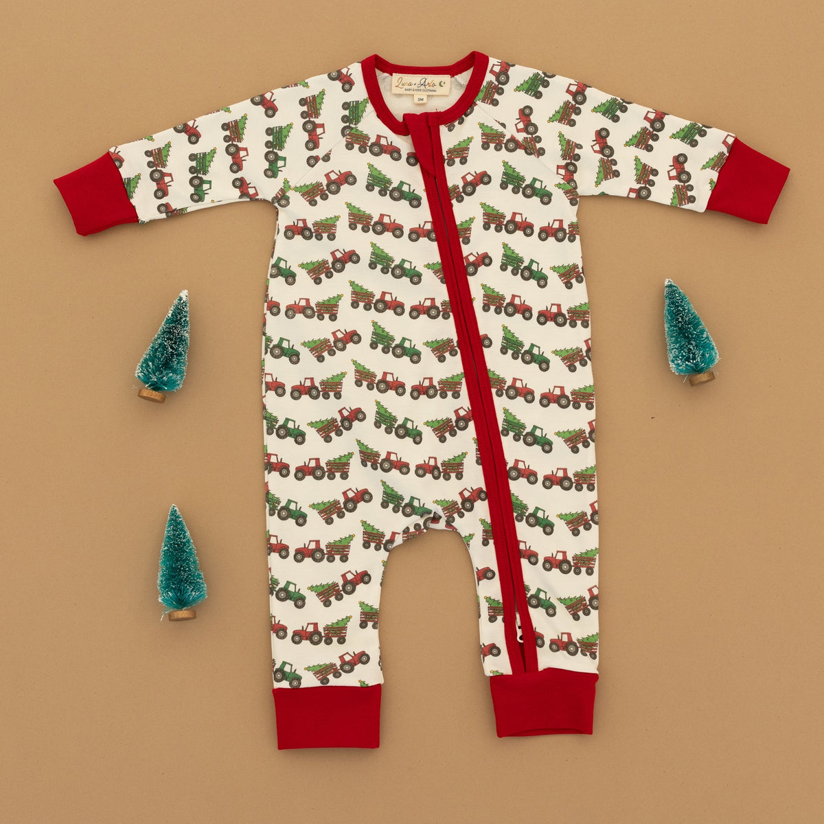 Luna and Arlo_Santa's Tractor Zip Playsuit_1
