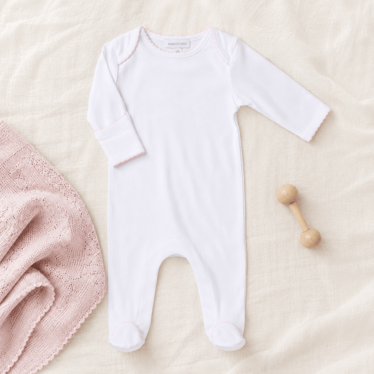 Solid Essentials White Lap Footie with Pink Trim - Magnolia BabyFootie