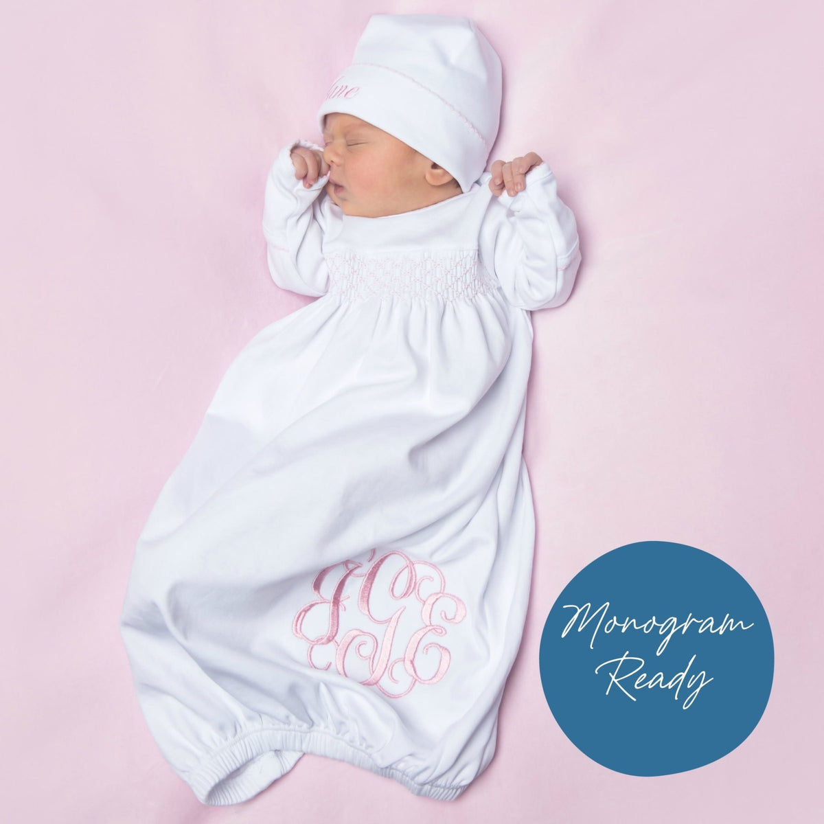 Solid Essentials White Pink Smocked Gown - Magnolia BabyGown