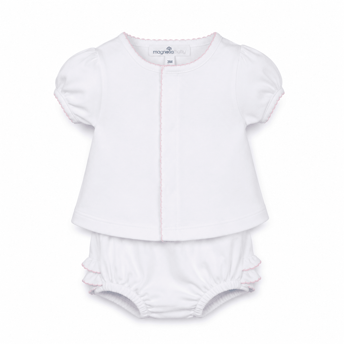 Solid Essentials White Ruffle Diaper Cover Set with Pink Trim - Magnolia BabyDiaper Cover