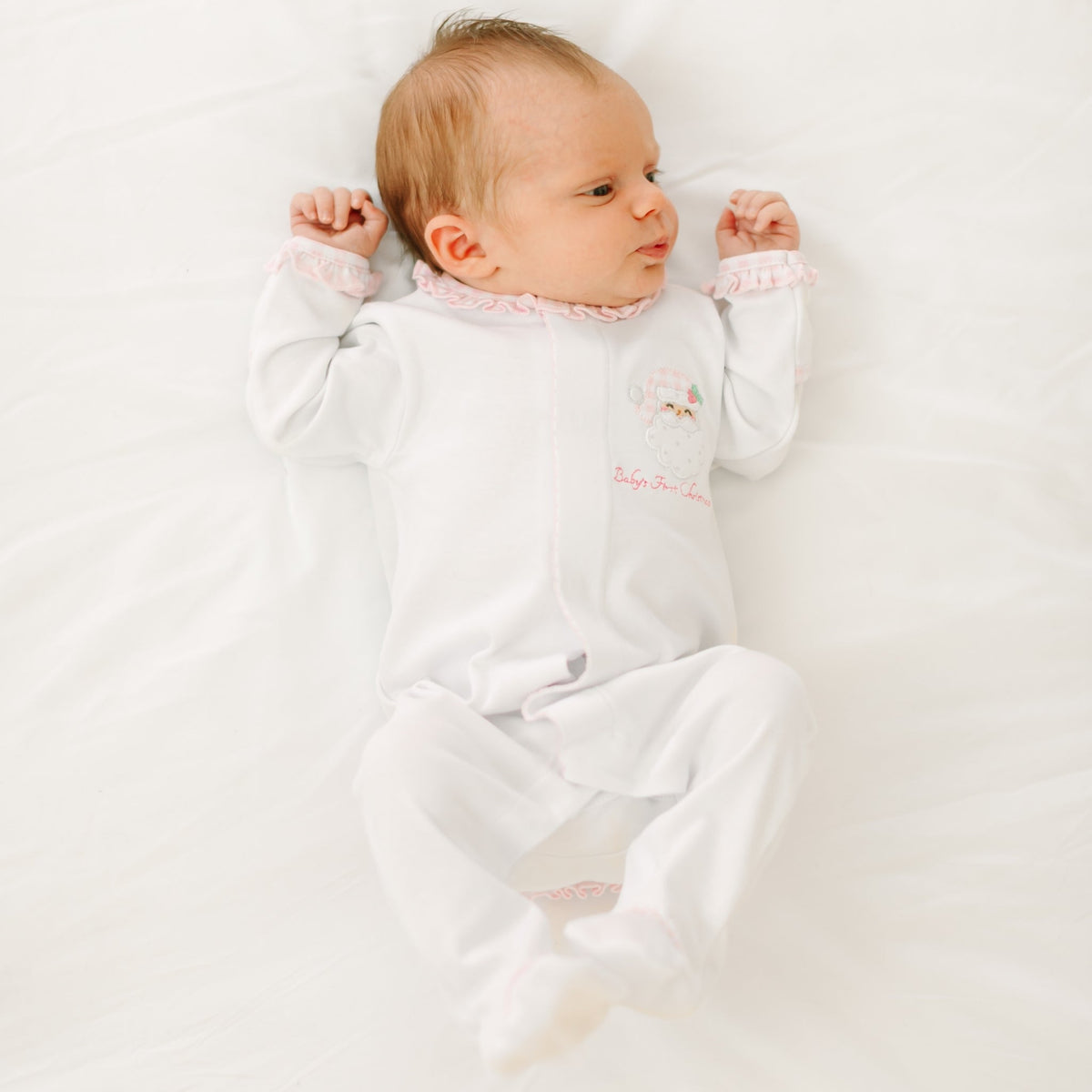 Magnolia Baby_Sweet St Nick Applique Baby's First Christmas Ruffle Footie - Pink_2