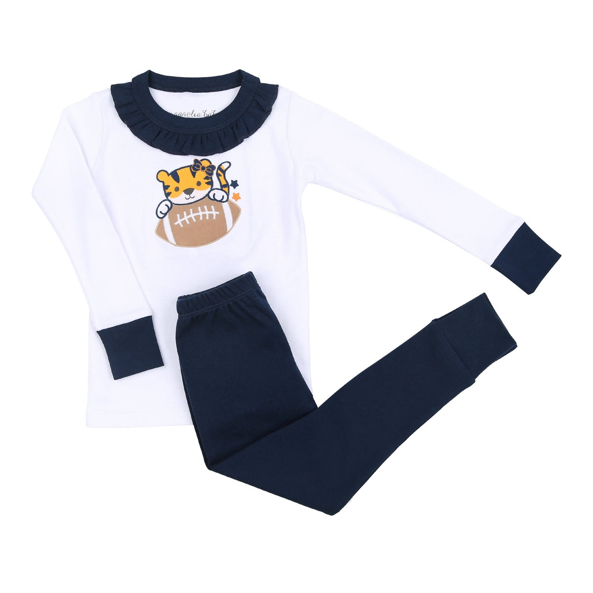 Tiger Football Applique Navy-Orange Ruffle Long Pajamas - Magnolia BabyLong Pajamas
