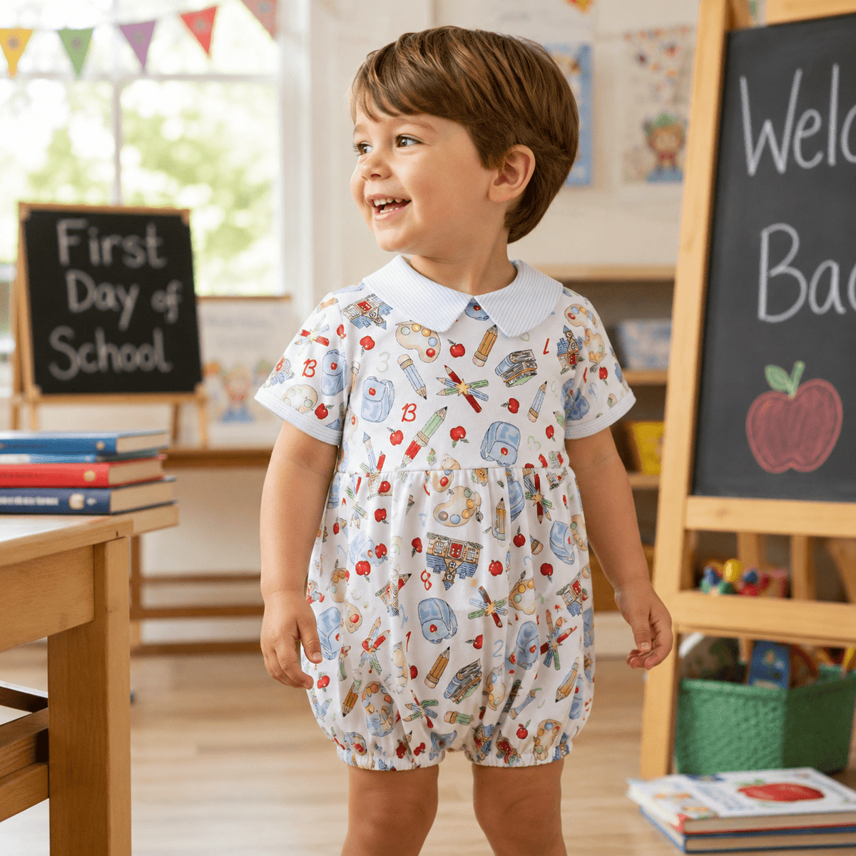 Toddler Boy School Day Sweetness Collared Short Sleeve Bubble - Magnolia BabyBubble