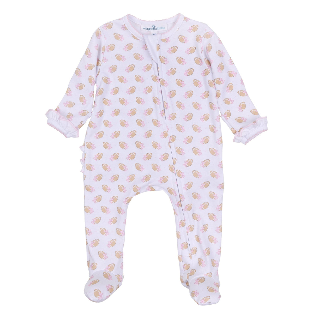 Touchdown Cutie Print Ruffle Zip Footie - Pink - Magnolia BabyFootie