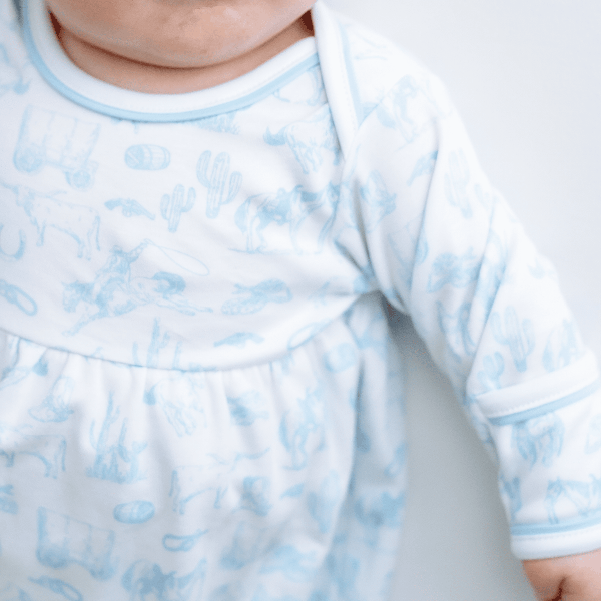 Wild West Toile Gathered Gown - Light Blue - Magnolia BabyGown
